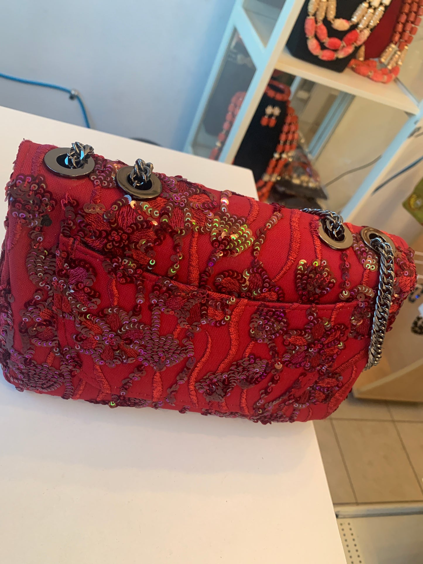 Trendy Premium Lace Pearl Party hand bag - Wine