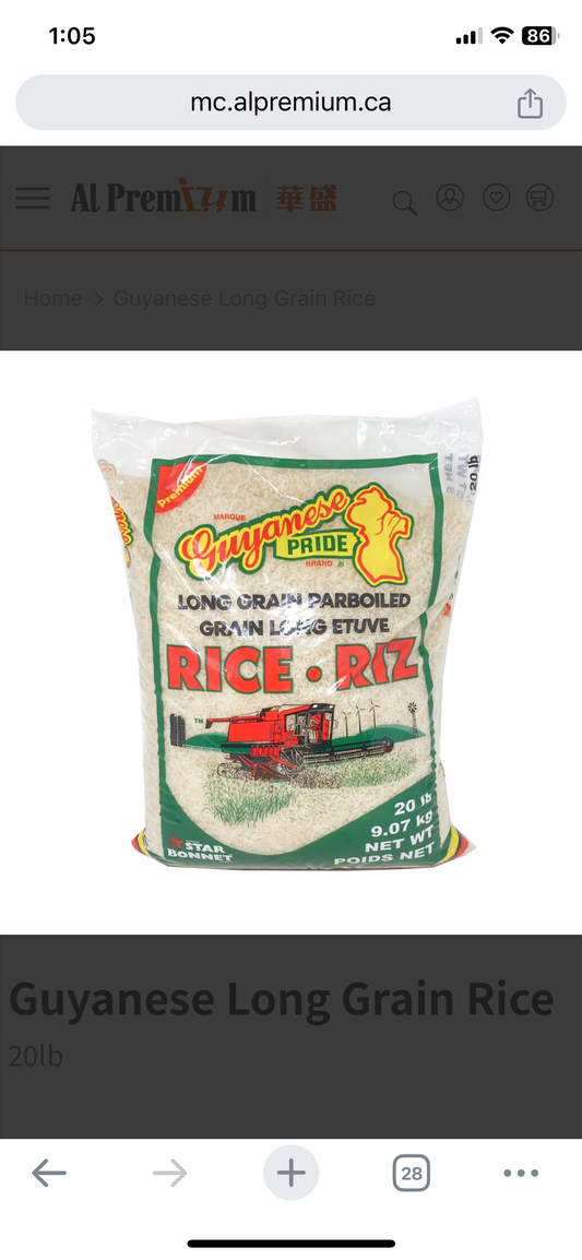 Bag of Rice - Guyanese Pride Premium Long grain Parboiled Rice - 20lbs